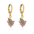 Detailed close-up of gold grape drop earrings with purple crystals and green leaf accent - Gold Purple Grape Earrings / Gold/Purple/Green