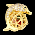 Golden dolphin pendant with sparkling zircon head and colorful gemstone hollow body - Dolphin Shape Hollow Cage (13)