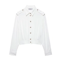 White long-sleeve shirt with shoulder straps and brown buttons in a minimalist flat lay - XS / White