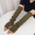 Green knitted long arm warmers for women made of textured soft wool fabric - One Size / Olive Green