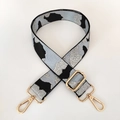 Close-up of adjustable woven camo shoulder strap with gold metal lobster clasps - Light Blue Silver Thread + Gold Buckle