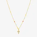 S925 silver rainbow beaded necklace with gold cross pendant and clear diamond - Gold Color (S925 Sterling Silver)