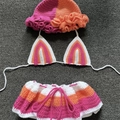 Handmade crochet 3-piece bikini set with hat and skirt in pink orange white patchwork - Adult Free Size / Rose Orange (Hat, Bikini)