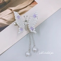 Silver butterfly hair clip with white pearls, purple flowers and long chain tassels - White Pearl Butterfly Tassel / White