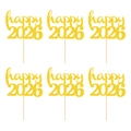 Lot de six décorations de gâteau Happy 2026 à paillettes dorées avec bâtons en bois - happy 2026 / Lot de 6 / Or