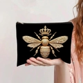 Trousse de maquillage en toile noire avec couronne d'abeille dorée et strass brillants - Style Abeille Couronnée Noire(jiayingpbb0420)