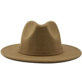 Elegant camel wide brim wool fedora hat with matching decorative band for autumn and winter - Camel