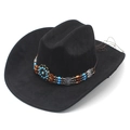 Cappello da cowboy nero scamosciato con fascia etnica di perline su sfondo bianco - M (56-57 cm) / Nero
