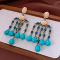 Gros plan de boucles d'oreilles dorées vintage avec perles turquoise sur texture - Tige d'oreille en argent-Bleu