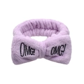 Light purple plush bow headband with OMG embroidery on a clean white background - Lavender