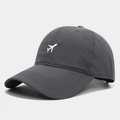 Close-up of charcoal gray baseball cap with white airplane embroidery on technical fabric - Adjustable / Dark Gray
