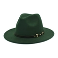Detail of dark green wool fedora hat with black leather belt and gold metal buckle - M (56-58cm) / Dark Green