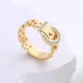 Elegant gold belt buckle ring with crystal pavé and hollow chain band design - US 6 / Gold