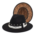 Classic black wide-brim fedora hat with elegant pearl ribbon and leopard print underbrim - M (56-58cm) / Black