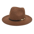 Detailed texture of dark brown straw sun hat with black leather band and gold buckle - M (56-58cm) / Coffee