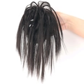 Messy bun hair claw clip in black synthetic fiber with long wispy strands - Deep Black