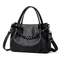 Large black shoulder bag with pleated texture, metal chain, and adjustable strap - Black