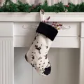 Close-up of plush cow print Christmas stocking hanging on a white festive mantel - 20 inch / Black Trim Cow Print