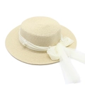 Beige woven straw sun hat with wide brim, white organza ribbon and pearl accents for women - M(56-58cm) / Beige