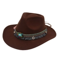Brown wool felt cowboy hat with turquoise and tassel ethnic band in side view - One Size / Coffee