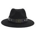 Detail of black fedora hat featuring a brown leather band with bull head metal buckle - Turquoise Longhorn Bull