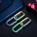 Detail of 18K gold-plated chain link earrings with micro-paved blue and green zircons - Blue Green Mixed