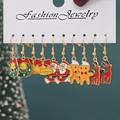 Christmas alloy earrings set featuring Santa, Reindeer, and Wreath in gold finish - Style 43 (5 Pairs Set)