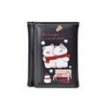 Short black trifold PU wallet with cute cartoon cats illustration and white stitching - Black