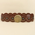 Boheemse bruine leren brede riem met turkoois inleg en vintage bloemen metalen gesp - Brons Roodbruin / 100cm