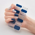 Dark blue and glitter gold laser bronzing nail stickers, model DQ3-007 on manicured hand - Deep Blue Gold Silver Sequin Transparent Bead Style (DQ3-007)