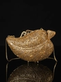 Detailed macro view of golden leaf-shaped evening clutch bag with luxury rhinestones - 17.5x11 Leaf Champagne Gold