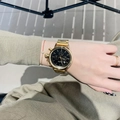 Elegant gold stainless steel watch with black dial and chronograph displayed on wrist - Gold & Black