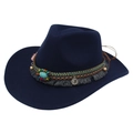 Dark blue wool felt cowboy hat with bohemian ethnic turquoise beads and fringe detail - One Size / Navy Blue