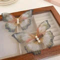 Elegant set of two gradient butterfly hair clips with white pearls and delicate gauze wings - 15# Duckbill Clip-Green-2 Piece Set