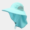 Detail of light blue sun hat with wide brim, neck flap and breathable mesh fabric side view - Lake Blue