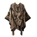 Poncho in maglia bohémien con motivo tribale marrone su tessuto nero autunnale - Robot Vintage Nero Cammello