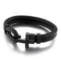 Men's double-wrap braided black leather bracelet with a matte black metal anchor clasp - Black (KB144042-KFC)