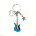 Creative blue guitar metal keychain with silver star charm and heart clasp - Blue Star Style Guitar