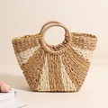Pastoral style large capacity straw handbag with contrast beige and cream woven patterns - Coffee + Beige