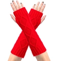 Detail of red cable knit arm warmers showing thick texture and ribbed fingerless cuffs - One Size / Red