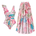 Costume intero monospalla floreale rosa con volant e gonna asimmetrica coordinata - S / Set con Volant / Set Stampa Tropicale Rosa