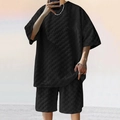 Men's black waffle texture short sleeve t-shirt and shorts two-piece casual set - S / Black