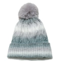 Detail showing cable knit texture and faux fur pom-pom on the ombre winter beanie hat - M (56-58cm) / Gray-Cyan Gradient (A)