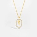 Detailed view of an 18K gold S925 silver oval pendant with white stones and letter V - Letter V