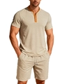 Ensemble d'été pour hommes en maille gaufrée beige avec col tunisien contrasté - S / Kaki