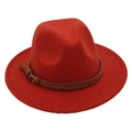 Detail of red fedora hat featuring a brown leather band and gold metal buckle accessory - M (56-58cm) / Rust Red (Yellow Rope)