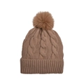 Detail of camel cable knit pattern and fluffy faux fur pompom on winter beanie - Coffee