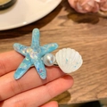 Blue iridescent starfish hair claw clip with white pearl and shell detail for women - 5895 Shell Starfish Pearl Hair Clip-Blue