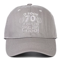 Close-up of grey cotton baseball cap with white embroidery 70th birthday slogan - Gray