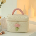 Borsa cosmetica beige in velluto a coste con manico rosa e cerniera a fiore - Borsa Quadrata / Beige